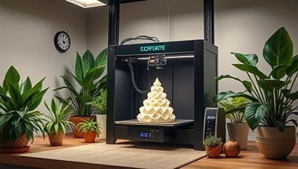 A modern 3D printing studio with a large printer producing a unique, eco-friendly product, surrounded by plants and recycled materials, showcasing the blend of technology and sustainability.