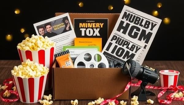 An enticing mystery box filled with movie-themed items like popcorn, cinema tickets, film posters, and a mini projector, creating a sense of excitement and anticipation for movie lovers opening the box.