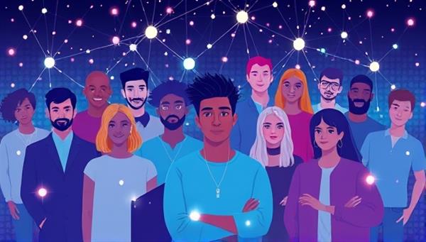 An engaging digital illustration of a diverse group of influencers and brands connected by a network of data nodes, symbolizing the platform