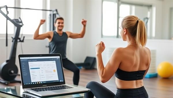A digital fitness coach interacting virtually with a client through a video call, demonstrating exercises with enthusiasm and energy, surrounded by fitness equipment and a laptop displaying workout plans.