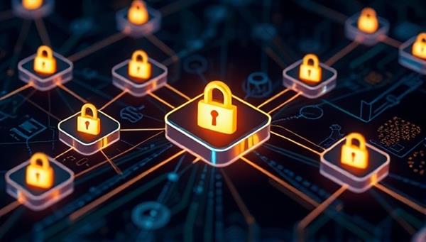 An abstract representation of interconnected blockchain blocks securing digital ad placements, with data streams flowing between nodes and lock icons symbolizing security and transparency in online advertising, highlighting the blockchain-powered verification process.