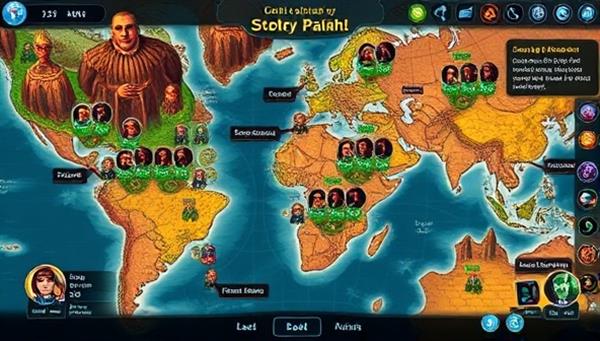 An immersive digital game interface displaying a vibrant fantasy world map with interactive storytelling nodes, character avatars, and quest prompts, inviting players to embark on collaborative storytelling adventures in a visually captivating setting.