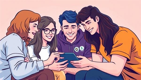 An illustration of a group of friends gathered around a smartphone, engaging in a lively social betting session with playful bets and challenges displayed on the app interface, exemplifying the fun and interactive nature of BetBuddies Circle
