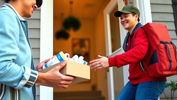 A vibrant image showcasing a doorstep delivery scene with a package of prescription medications being handed over to a smiling customer by a delivery person, highlighting convenience and personalized service in medication fulfillment.