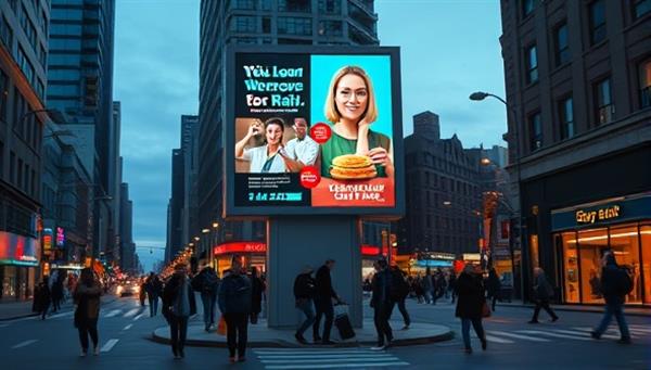 An urban street scene at dusk featuring a digitally enhanced billboard displaying vibrant and engaging ad content for a local business, surrounded by bustling pedestrian activity and city lights, illustrating the impact and visibility of hyper-local digital advertising.