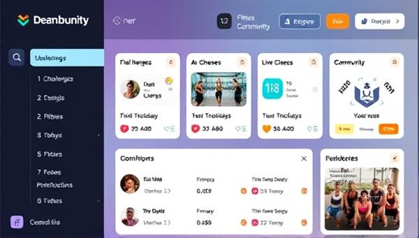 An engaging fitness community dashboard displaying upcoming challenges, live class schedules, community forums, and member achievements, with a motivational workout quote and vibrant fitness imagery, inspiring members to stay active and connected.