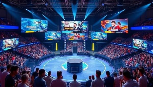 A dynamic digital arena showcasing multiple gaming screens displaying different tournament games, with animated avatars of players competing intensely, surrounded by cheering virtual spectators, capturing the competitive spirit and excitement of online gaming tournaments.