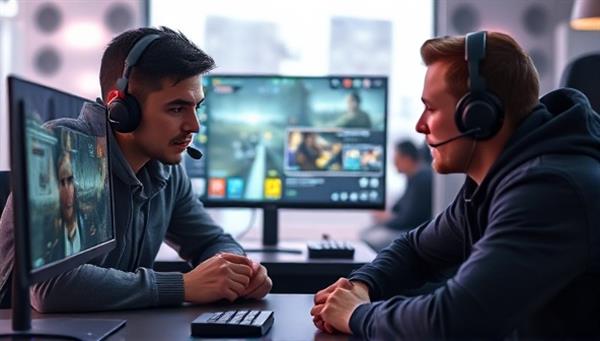 A compelling image of a gaming mentor and mentee engaging in a coaching session, with the mentor providing tips and strategies on a gameplay screen, while the mentee attentively listens and learns, capturing the essence of knowledge sharing and skill development in a supportive gaming community.