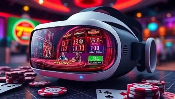 一款未来感十足、造型 sleek 的VR头显，展示着虚拟场景中色彩鲜艳的赌场游戏，周围环绕着数字赌场筹码和卡牌，营造出引人入胜的沉浸式游戏氛围。