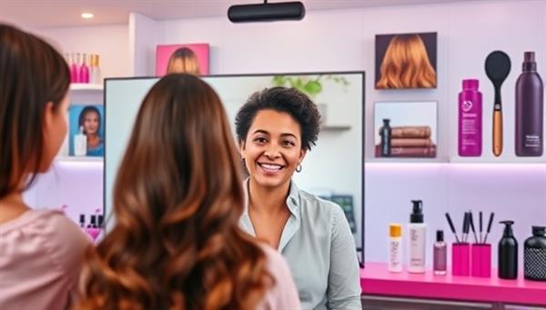 An engaging and lively virtual hairstyling consultation scene showing a hairstylist providing advice to a client via video call, with images of various hair products and tools in the background, creating a vibrant and interactive haircare experience.