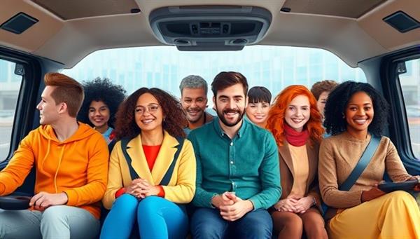 A vibrant and diverse group of people sharing a ride on a virtual platform, each with unique avatars and backgrounds, representing a connected and engaging commuting experience.