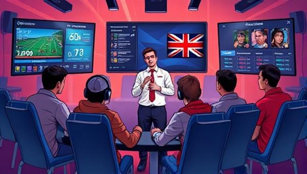 A dynamic esports coaching session illustration featuring a coach providing strategic advice to a group of players in a competitive gaming environment, with screens displaying game analytics, team strategies, and player performance metrics, emphasizing the professional and educational aspects of the esports coaching platform in a high-energy setting.