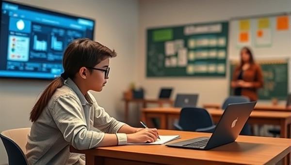 An AI-powered tutor interacting with a student in a virtual classroom setting, analyzing data and providing personalized feedback, showcasing the dynamic and adaptive learning experience facilitated by TutorBotIQ.