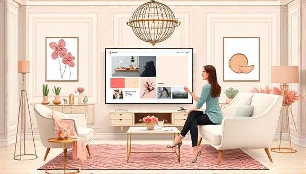 An elegant digital illustration showcasing a virtual interior design consultation session, with a designer presenting a mood board and color palette on a screen to a client, surrounded by furniture samples and decor inspirations, exuding sophistication and creativity.