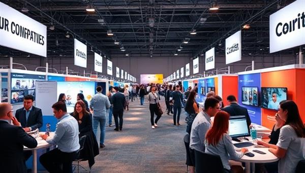 An immersive virtual job fair environment with virtual booths of companies, job seekers engaging in live chats and video interviews, and interactive networking sessions, creating a vibrant and realistic online recruitment experience.