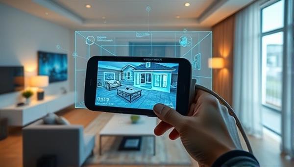An AR device projecting a virtual property tour in a living room setting, with digital furniture overlays, interactive navigation features, and property details displayed in a holographic format, illustrating the futuristic and immersive experience of AR property tours.