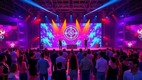 A vibrant virtual concert stage with virtual avatars of music artists performing live, surrounded by a diverse audience of attendees interacting, dancing, and enjoying the immersive concert experience in a dynamic and visually stunning virtual environment of VR Concert Realm.
