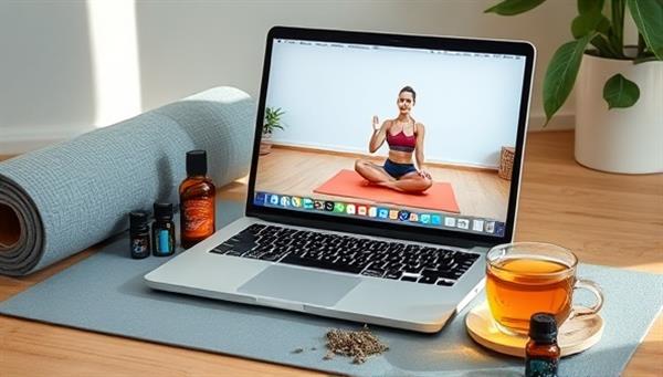 A serene virtual consultation setup with a laptop displaying a virtual yoga session, surrounded by calming essential oils, a yoga mat, and a cup of herbal tea, creating a peaceful and inviting atmosphere for wellness discussions.