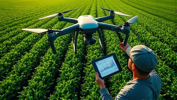 An aerial view captured by a drone showing lush green fields with color-coded crop health indicators, overlaid with data analytics graphs and a farmer analyzing the information on a tablet, highlighting precision agriculture and technology integration in farming.