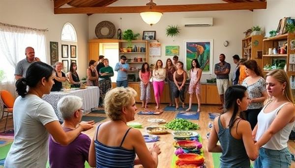 A vibrant community center with a diverse group of people engaging in activities like yoga, cooking classes, and wellness discussions, creating a warm and welcoming atmosphere of health and connection.