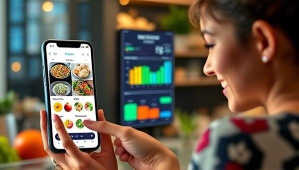 An engaging visualization of the NutriScan AI app interface displaying colorful nutritional charts and food images, with a smiling user interacting with the app on a mobile device, showcasing the simplicity and effectiveness of personalized nutritional analysis.