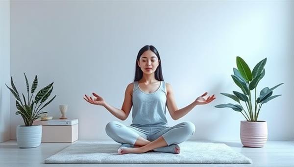 A serene and calming visual featuring a virtual mental wellness coach guiding a meditation session, surrounded by soothing nature elements like plants and gentle lighting, creating a peaceful and supportive atmosphere for emotional well-being.