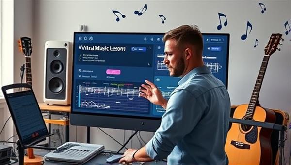A virtual music lesson setup featuring an instructor demonstrating music techniques on a digital interface, with musical instruments in the background and music notes floating in the air, capturing the essence of a dynamic online music learning experience.