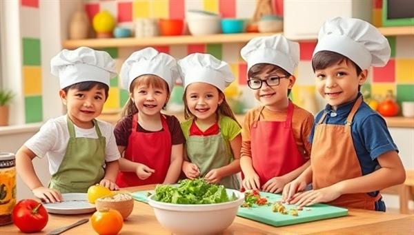 A vibrant and colorful kitchen setting with children wearing chef hats and aprons, eagerly participating in a cooking workshop, surrounded by fresh ingredients, utensils, and recipe cards, exuding joy, creativity, and culinary exploration.