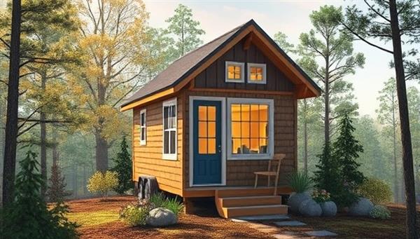 An artistic rendering of a beautifully designed and compact tiny house surrounded by nature, highlighting the cozy and sustainable living experience that MiniNest Builders can provide.