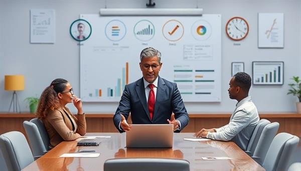 A symbolic representation of a virtual executive coach guiding a group of diverse executives through a virtual boardroom setting, surrounded by leadership symbols, business charts, and growth metrics, embodying professionalism, mentorship, and strategic vision in executive coaching.