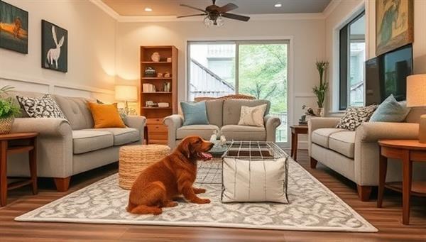 A cozy living room scene with pets enjoying pet-friendly features like a designated play area, pet-friendly furniture, and easy access to outdoor spaces, showcasing the comfort and happiness of pets in a pet-friendly home environment.