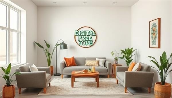 A serene digital-free zone with calming colors, cozy seating, and nature-inspired decor, inviting individuals to relax, unwind, and engage in mindfulness practices away from screens and distractions, creating a peaceful and rejuvenating atmosphere for digital detox and self-care.