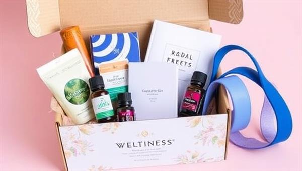 An elegant, branded box overflowing with vibrant wellness products like herbal teas, essential oils, resistance bands, and a gratitude journal, symbolizing a holistic approach to well-being.