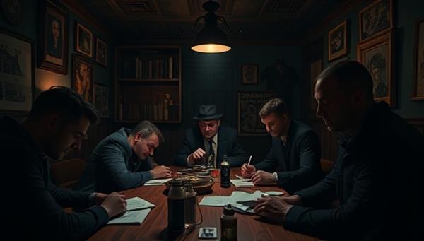 A mysterious and atmospheric virtual setting with participants engaging in solving clues, suspicious characters, and hidden secrets, guided by a live host in character, creating an immersive and captivating mystery-solving experience.