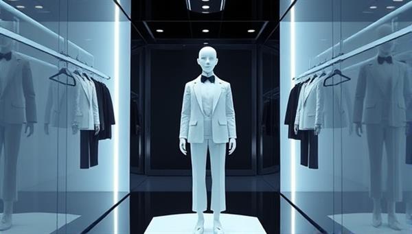 An elegant and futuristic virtual fitting room where an AI avatar presents different outfit suggestions to a user, creating a seamless and interactive styling experience.