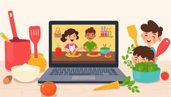 An illustration of colorful cooking utensils and ingredients arranged playfully around a laptop showing a live cooking class, with a group of smiling kids following along, conveying the joy of learning to cook online.