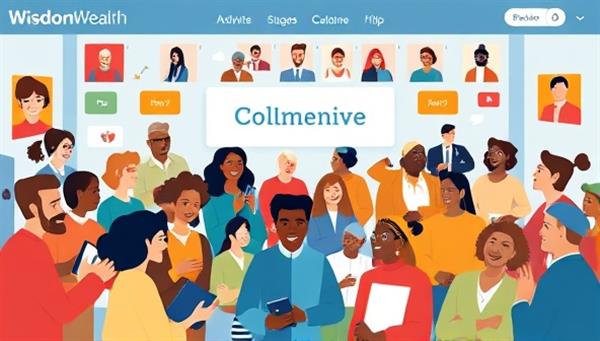A vibrant visual of a virtual community space on the WisdomWealth Collective platform, showcasing diverse avatars of users engaging in financial discussions, sharing tips, and exchanging knowledge in a lively and collaborative digital environment, fostering a sense of belonging and empowerment.
