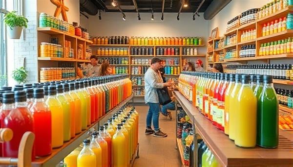 An inviting store interior featuring rows of refillable containers filled with colorful eco-friendly products, with happy customers filling their reusable bottles and jars, showcasing a vibrant and sustainable retail experience.