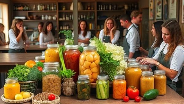 A cozy workshop setting with wooden fermentation jars, colorful vegetables, and jars of spices and herbs, accompanied by eager participants learning and interacting in a lively and educational environment, evoking the essence of hands-on fermentation workshops.
