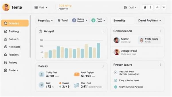 A digital dashboard interface showing a caregiver managing appointments, medication schedules, and communication with healthcare providers for an elderly individual, featuring intuitive icons and personalized options for ease of use and efficient care coordination.