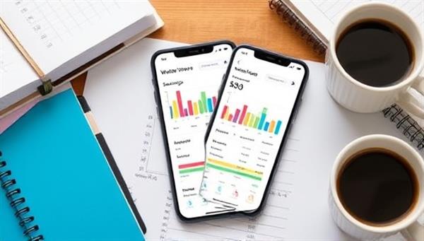 An engaging visual of a smartphone screen displaying the WealthWave Planner app interface with colorful graphs, savings goals, and budget breakdowns, surrounded by financial planning books and a coffee cup, creating a productive and organized financial planning environment.