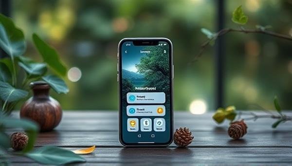 A serene and tranquil digital detox environment, with a smartphone displaying the MindReset App interface offering mindfulness exercises and relaxation techniques, surrounded by nature elements and calming visuals, promoting mental well-being and balance.