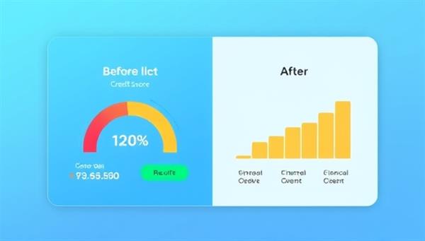 A digital platform mockup displaying a before-and-after comparison of a credit score, with positive progress indicators and financial milestones, symbolizing credit improvement and financial empowerment, creating a motivating and results-driven visual representation.