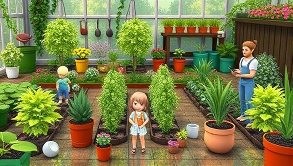 A lush virtual garden setting with animated plants, flowers, and gardening tools, surrounded by avatars of gardening enthusiasts tending to their virtual gardens, creating a vibrant and interactive space for plant lovers to connect and share their passion for gardening.