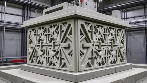 An industrial 3D printer in action, creating a large-scale concrete structure with intricate details and geometric patterns, highlighting the advanced technology and precision craftsmanship offered by PrintBuild Innovations in 3D printed concrete construction.
