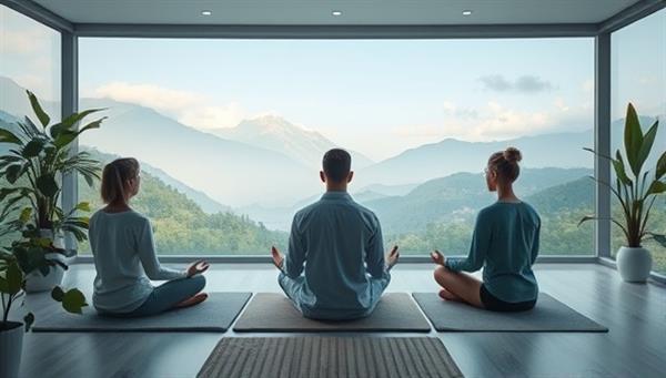 A serene virtual mindfulness session scene with users practicing meditation and mindfulness exercises together in a calming digital environment, surrounded by tranquil nature visuals and soothing sounds, creating a harmonious and stress-relieving atmosphere for mental wellness and self-care.
