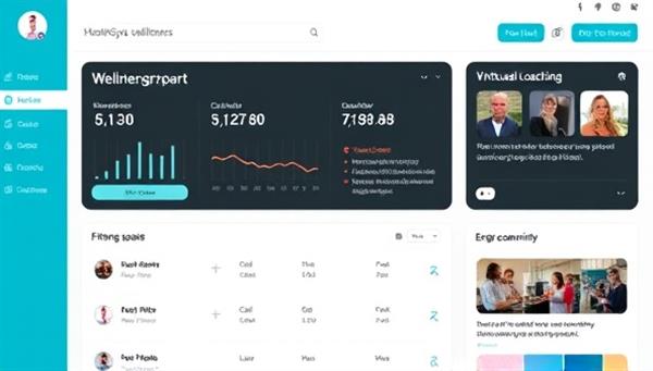 An interactive wellness dashboard displaying a client tracking fitness progress, setting goals, attending virtual coaching sessions, and engaging with a supportive community of HealthSync Mentor subscribers, illustrating the personalized and motivating approach to health coaching and accountability.