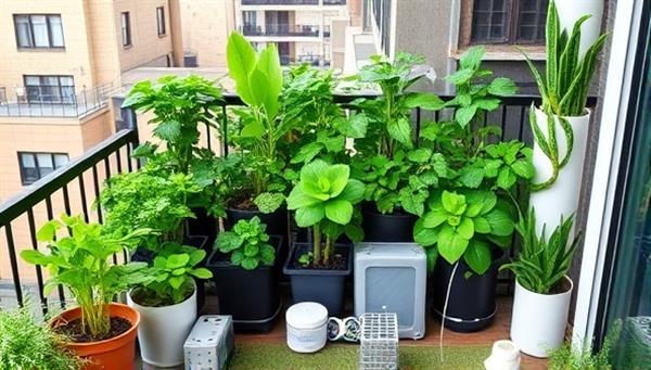 An urban balcony transformed into a lush vertical garden with the farming kit components neatly displayed, showcasing the ease and beauty of growing fresh produce in limited spaces.