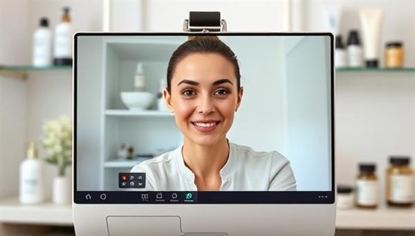 A virtual skincare consultation session where a professional esthetician is discussing skincare routines with a client via video call, with shelves of skincare products in the background, creating a personalized and modern skincare experience.