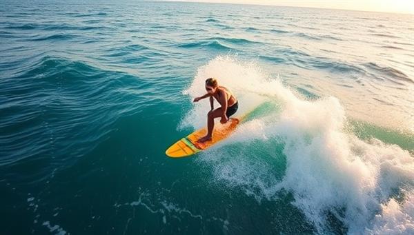 A captivating image of a surfer catching a wave on a vibrant surfboard with the ocean as the backdrop, capturing the essence of excitement and freedom associated with the WaveRide surfing experience.